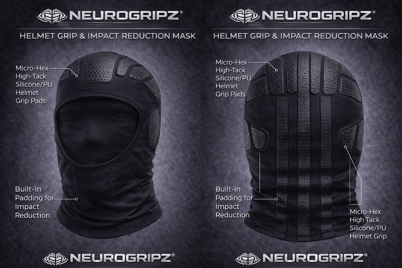 Blackout colorway — all-black Helmet Grip & Impact Reduction Mask, front and back views