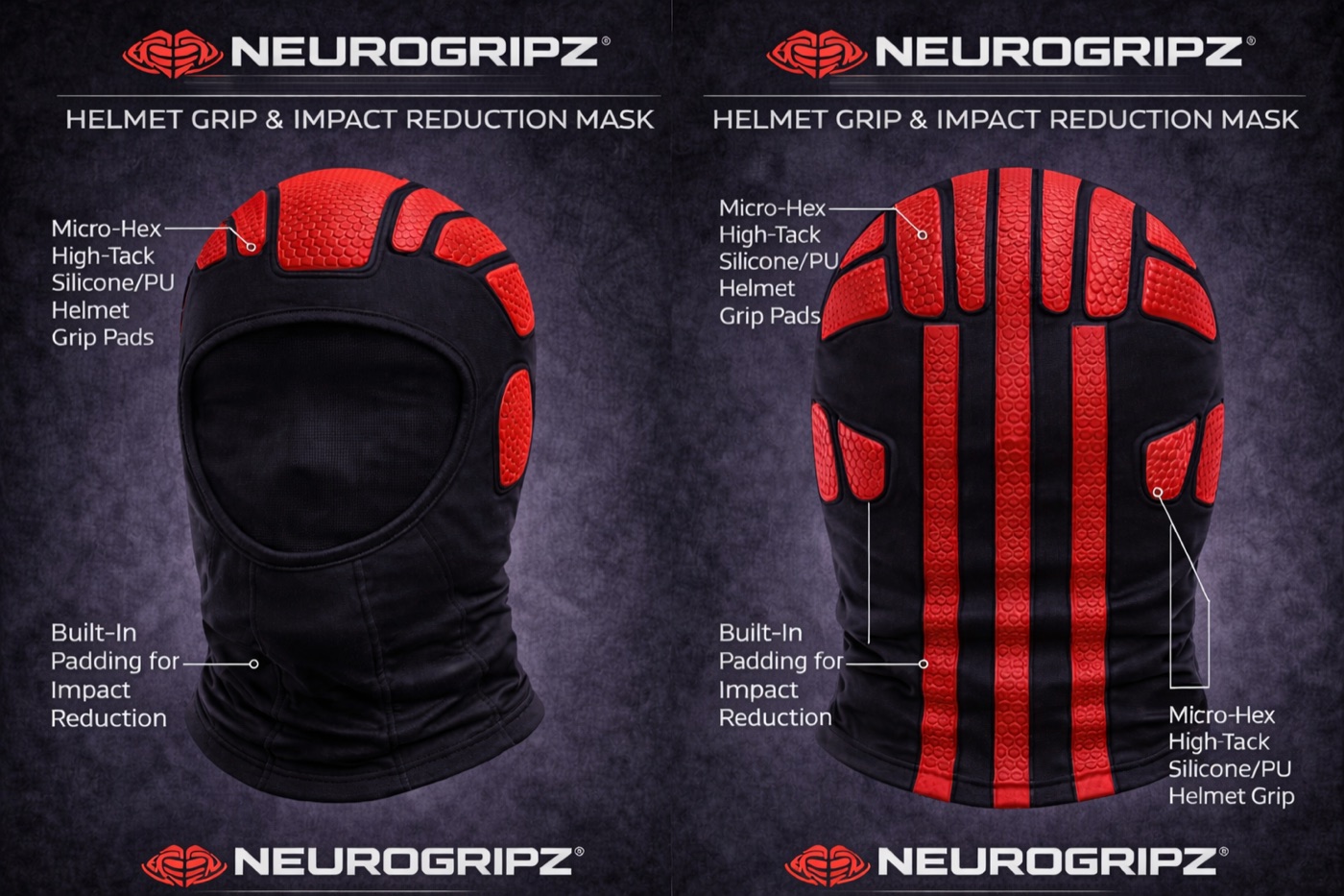 NEUROGRIPZ Helmet Grip & Impact Reduction Mask product sheet — black/red front and back views with Micro-Hex High-Tack Silicone/PU grip pads and built-in impact padding callouts