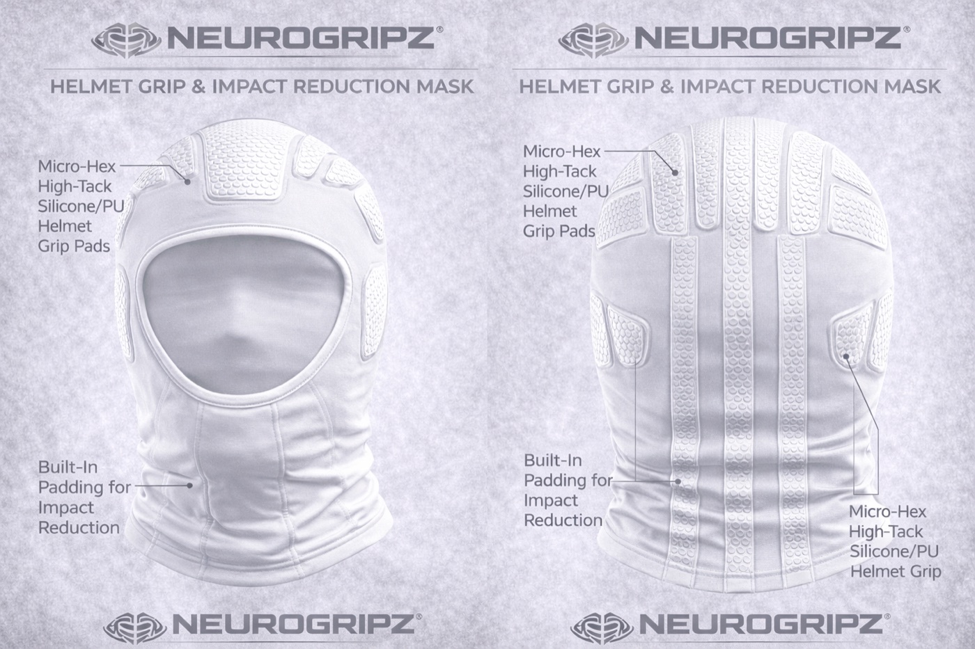 Whiteout colorway — all-white Helmet Grip & Impact Reduction Mask, front and back views